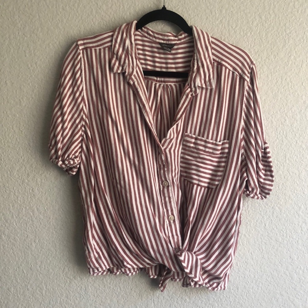 Eddie Bauer 2 XL button-down maroon and white striped collared blouse tie front